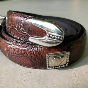 Brown leather belt with silver heart details M